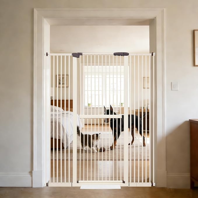 Lumizone Extra Tall Cat Gate 61.02" High Pressure Mounted Extra Wide 38.39"-59.24" (17Sizes) 1.37" Gap No Drilling Auto-Close Tall Pet Gate for Dogs (Cream, 30.12"-59.24" W)