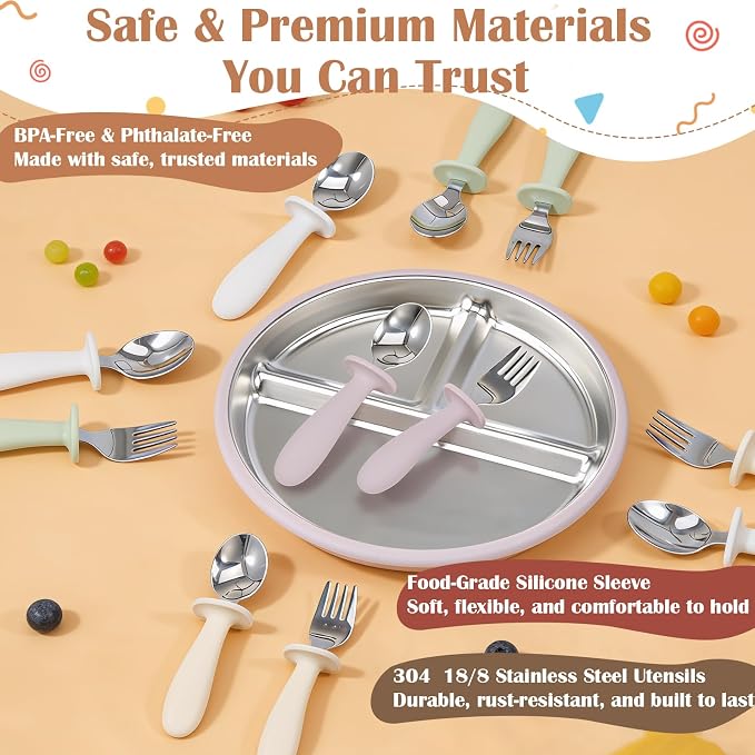 Personalized Toddler Utensils Set with Silicone Handle, Custom Name Stainless Steel Kids Silverware for Baby Led Weaning,Ideal for Showers & Birthdays (Gray Beige Blue)