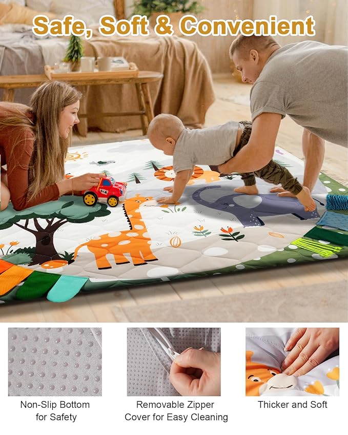 TINYHARBO Premium Foam Baby Play Mat 59x59, 4 Developmental Zones Play Mat with Removable & Machine Washable Cover, Extra Thick Padding Playpen Mat, Easy to Clean for Infants, Toddlers & Babies