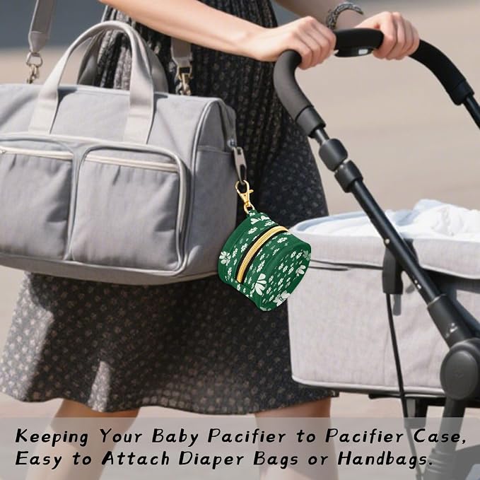 Pacifier Holder with Clip Pacifier Case for Diaper Bag Round Baby Pacifier Pouch Box Bag Portable Cute Deep Green Clover