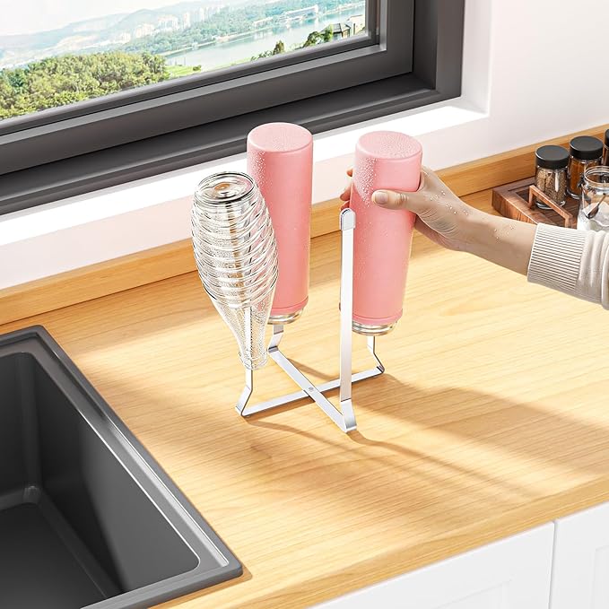 Water Bottle Drying Rack, Baby Bottle Dryer Rack, Stainless Steel Bottles Drying Rack, Collapsible Cup Rack Dryer, Kitchen Cup Storage for Travel Bottles, Reusable Bags (Silver)