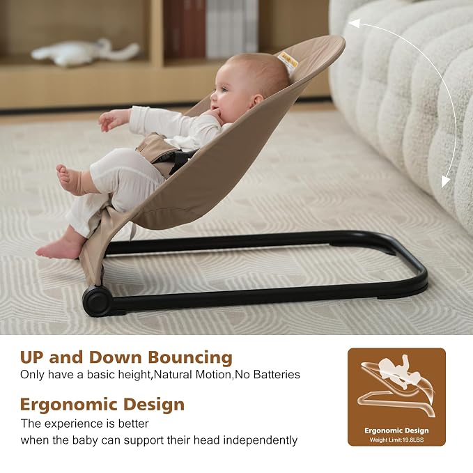 Baby Bouncer,Baby Bouncer Seat,Portable Infant Bouncer with 3-Point Safety Harness,Ergonomic Bouncy seat, Bouncer for Babies 0-6 Months up to 20lbs (Khaki)