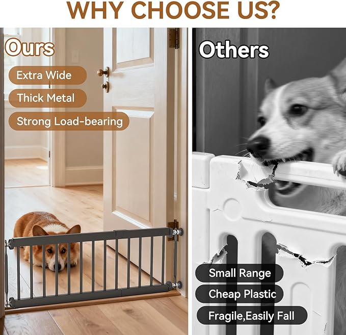 Short Dog Gate,18"-45" Adjustable Extra Wide Metal Dog Gate to Step Over, 10" Tall Small Pet Gate with 3 Extension Kits for Doorway、Stair.