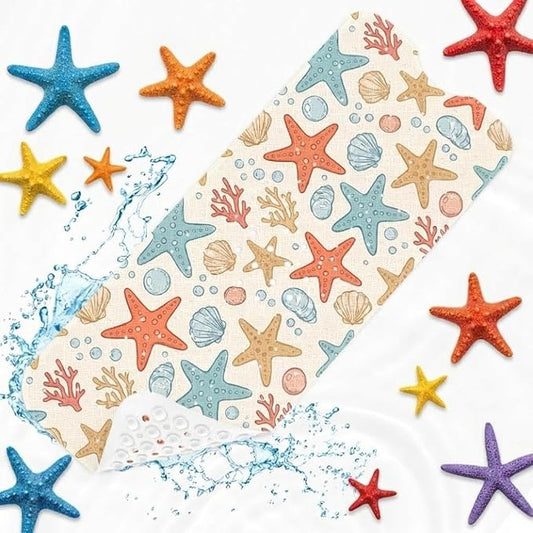 Starfish Coastal Bathtub Shower Mat Beach Seashell Non-Slip Tub Extra Long Bath Floor 40X16 Inch Machine Washable for Bathroom Tub Bath Mat for Toddler and Baby