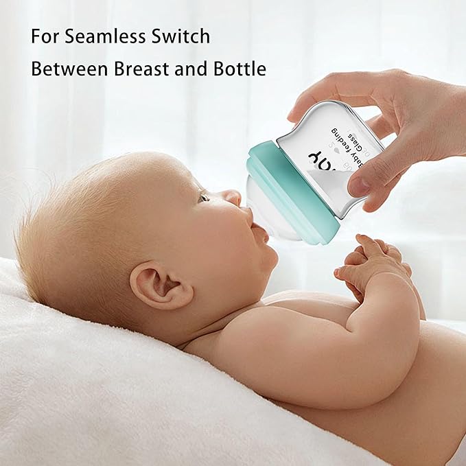yanyoyo Natural Glass Baby Bottle for Breastfeeding Babies, 3oz Newborn Anti-Colic Baby Bottle with Slow Flow Nipples (SS), Clear, Wide Neck, 4 Pack, 0 Months+