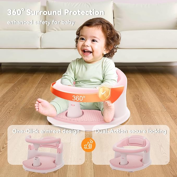 Baby Bath Seat for Babies 6 Months & Up - 360° Protection Baby Bath Chair with Temperature Alert & Cushion | Non-Slip Toddler Bathtub Seat | Newborn Infant Bath Tub Seats for Babies Sitting Up (Pink)