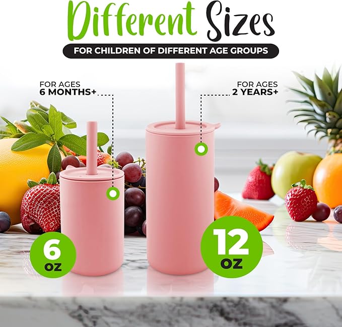 Silicone Toddler Smoothie Cups with Straw, Unbreakable Training Cup with Straw for Babies and Toddlers for less mess, BPA-Free Silicone Baby cup, 6+ Month, 6oz, 4 pack Pink/Grey