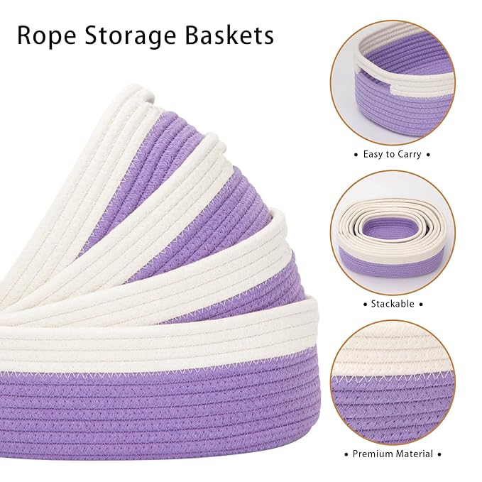 7 Piece Cotton Rope Woven Basket Set - Small Basket for Baby Nursery, Pets, Montessori, Dog & Cat Toy Boxes, Bathroom Organization Bins (White/Purple)