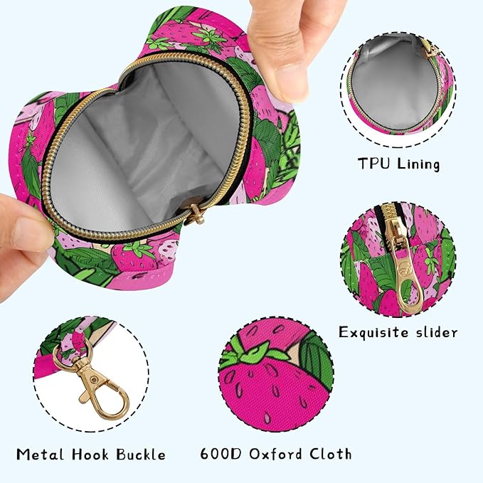 Pacifier Holder with Clip Pacifier Case for Diaper Bag Round Baby Pacifier Pouch Box Bag Portable Pink Cute Strawberries