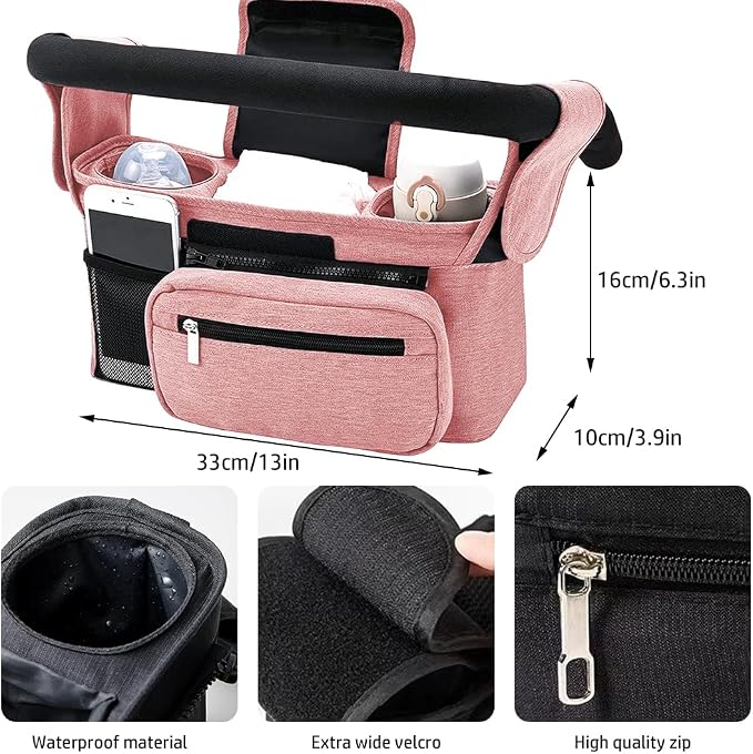 Baby Stroller Organizer, Universal Stroller Organizer with Detachable Phone Bag, Stroller Caddy with 2 Insulated Cup Holders, Buggy Organizer Bag with 2 Hooks Fits Most Strollers (Pink)