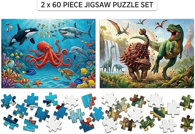 Puzzle for Kids Ages 4-6 – 2x60 Piece Jigsaw Puzzles for Toddlers 3-5,6-8,Dinosaur & Ocean Scenes,2 in 1 Pack Educational Dinosaur & Ocean Games for Boys & Girls