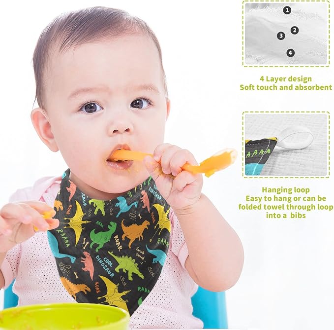 vvfelixl Baby Washcloths Cotton Colored Dino Dinosaurs Baby Muslin Washcloths Soft Baby Face Towel for Newborn Infants, 11.8 X 11.8 Inch, 3 Pack Black