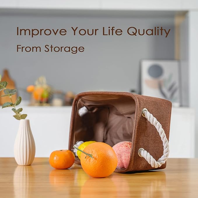 TheWarmHome Small Fabric Canvas Storage Bin with Cotton Rope Handles - Foldable Empty Basket for Gift (Brown-1 Pack,11.8L7.9W5.2H inch)