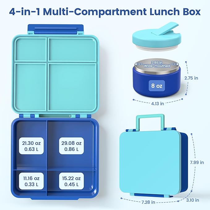 LOHASOK Bento Lunch Box Kids with 8oz Soup Thermo, Leak-Proof Lunch Containers with 4 Compartment, Thermo Hot Food Jar and Insulated Lunch Box for School Blue