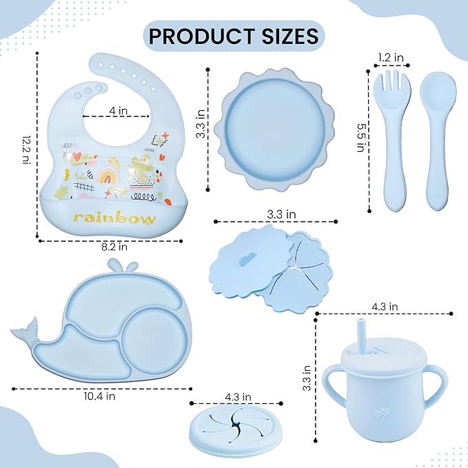Silicone Baby Feeding Set 14 Pcs | Baby Led Weaning Supplies | Baby Spoons Suction Bowl Divided Plate Bib Cup | First Stage Solid Food Eating Utensils - 6+ Months