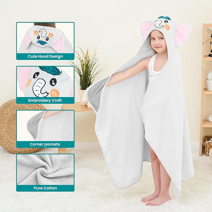Style Quarters Gray Elephant Hooded Towel for Kids – Cute, Soft Cotton, Embroidered, Absorbent Baby Bath Towel – Quick Dry, Cozy, Lightweight – 50x30 Inches – Perfect for Toddlers & Kids