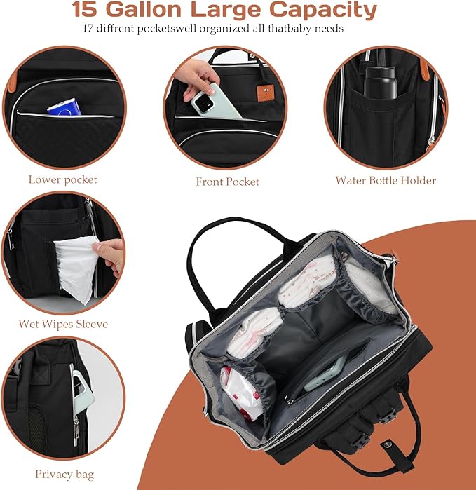 Diaper Bag Backpack for New Parents, Large Capacity Baby Travel Bag with Bottle Holders, Multiple Compartments (Black)