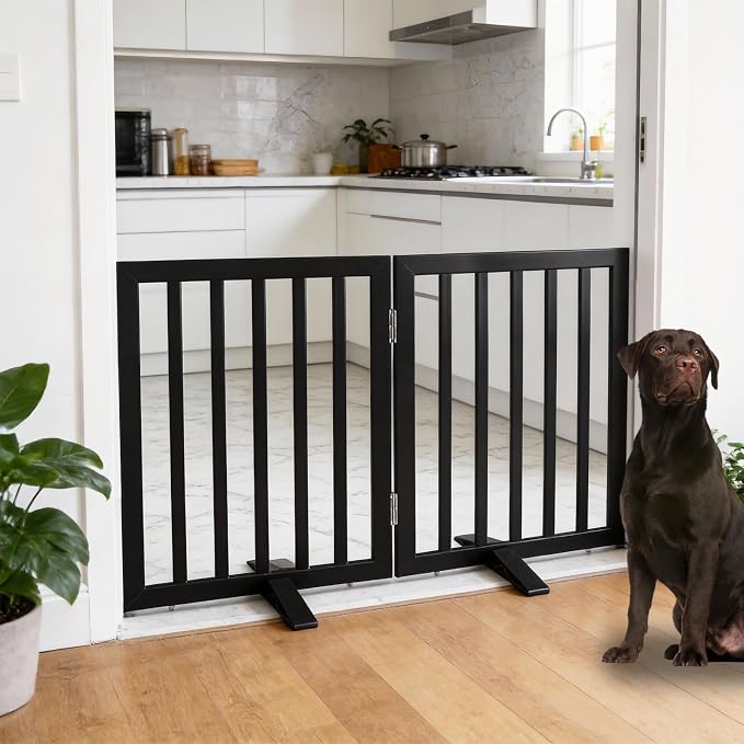 Dog Gate Indoor, Freestanding Dog Fence for The House, Doorways, Hallways,or Stairs,Pet Gate Foldable Wooden,Expandable 24" Height 2 Panels,Black