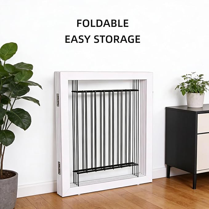 Dog Fence Indoor - 4-Panel Freestanding Dog Gate for Doorways, Hallways, House or Stairs -80x24-Inch Retractable Foldable Expandable Wood Pet by SFJC (White)