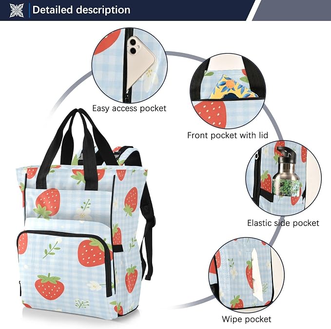 Personalized Strawberry Flower Blue Gingham Diaper Bag Insul Pockets Mom Dad