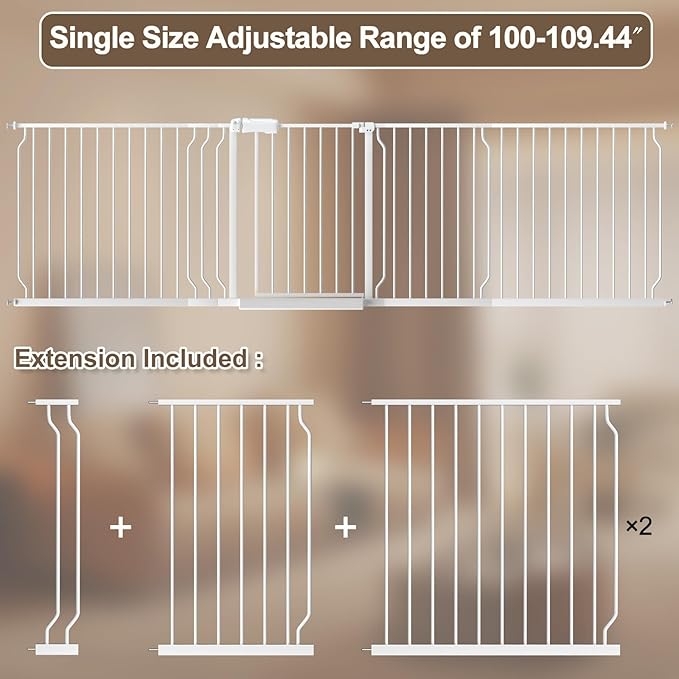 WAOWAO Baby Gate 100-109.41" Extra Wide Pressure Mounted Walk Through Swing Auto Close Safety White Metal Toddler Kids Child Dog Pet Puppy for Stairs,Doorways,Kitchen