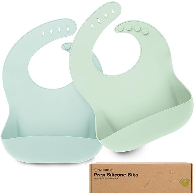 KeaBabies 2-Pack Silicone Bibs for Babies, Toddlers Girl, Boy ??Sturdy Food-Grade Baby Bibs for Eating, Large Food Catcher, Clean & Put On Easily, Waterproof Toddler Feeding Essentials(Pastel Sky)