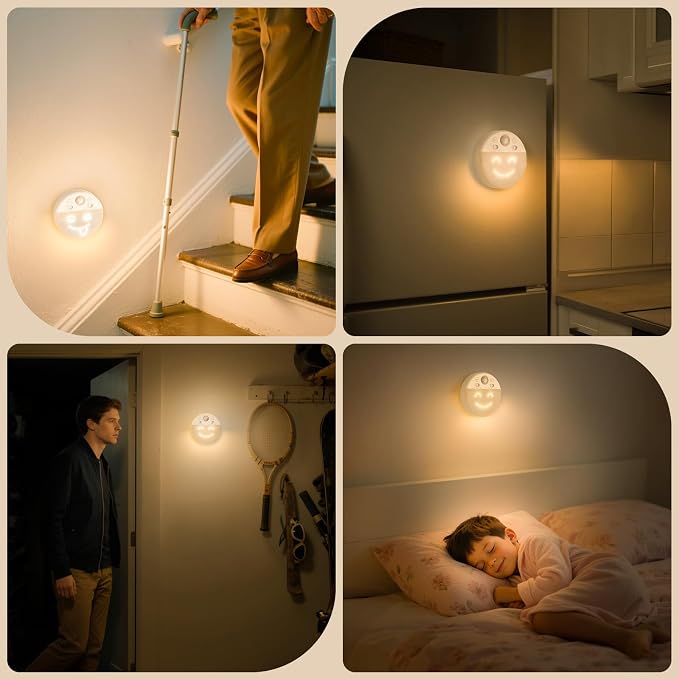 MY BEAUTY LIGHT Motion Sensor LED Night Light with 4 Facial Expressions, 2 Pack 3000K Soft Warm White Dimmable Hallway Light, Rechargeable LED Wall Sconces with Timer, Mood Light for Kids Adults