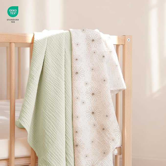 lulumoon Muslin Swaddle Blankets for Baby: Cotton & Soft Receiving Blanket for Newborn with Flower Printed- Neutral Gift for Baby Shower 2pack(GreenDaisy)