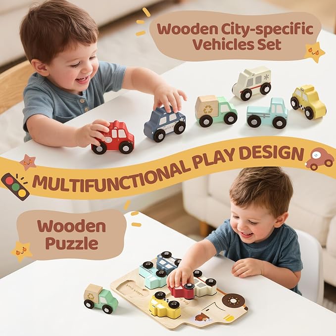 AIGIMU Wooden Toddler Puzzles,Montessori Puzzle for Toddlers 1-3,Montessori Toys for 1 2 3 Years Old Boys Girls Educational Toys with 6 Emergency and City Vehicles,Wooden Toy Cars for Toddler 1-3