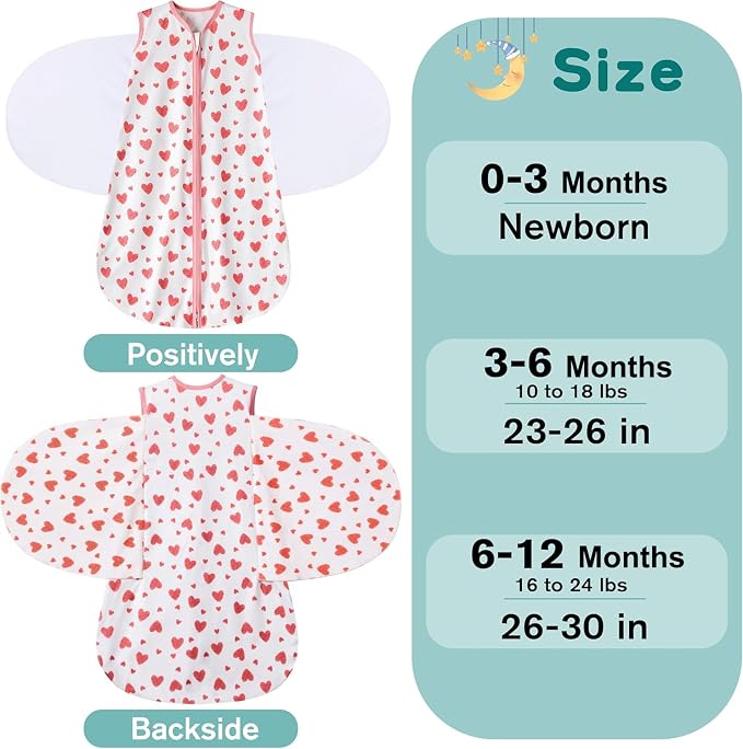 BSTOPPT Newborn Sleep Sack Baby Swaddle,Swaddle me 6-12 Month,3-Way Adjustable Wearable Blanket,100% Rayon Cotton Swaddling Sleeping Bag，TOG 0.5 (Love, 6-12 Months)