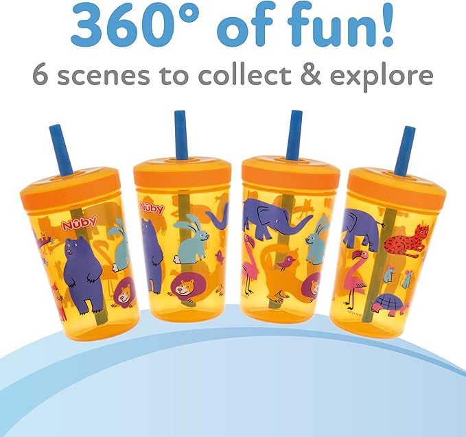Nuby Thirsty Kids Super Sipper No-Spill Toddler Cup with 360° Silicone Valve & Swivel Straw - (2 Pack) 14 oz - Leak-Resistant with Easy Clean Design - Animals & Space