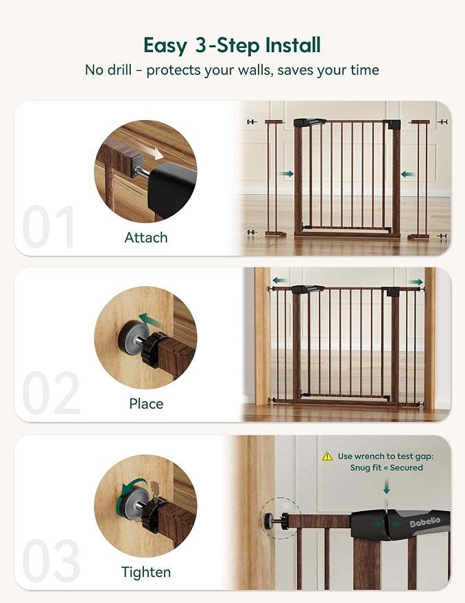 Mom's Choice Award Winner-Babelio 26-40" Metal Baby Gate with Black Wood Pattern, PressGuard C5 Easy Install Pressure Mounted Dog Gate for Stairs and Doorways, with Wall Protectors and Extension Kits