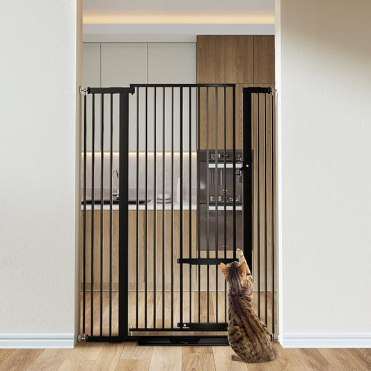 COMOMY 55.1" Extra Tall Pet Gate for Cats, 29.5-40.6" Extra Wide Cat Gate with Adjustable Cat Door, Pressure Mounted Easy Walk Through Pet Gate with Door for Stairs, Doorways, Kitchen(Black)