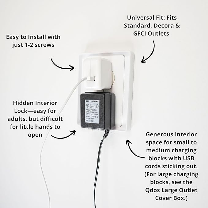 Qdos Safety Medium Outlet Cover Box for Baby Proofing Outlets| Secure Hidden Lock | Generous Interior for Medium Sized Charging Blocks & Adapters | Modern Universal Design | Easy Install | 1 Pack