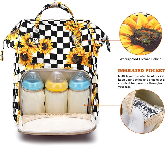 LIMHOO 3 in 1 Diaper Bag Backpack, Multifunction Large Baby Bags with Changing Pad & Stroller Straps, Waterproof Nappy Bag for Mom Baby Care (Checkered Sunflower)