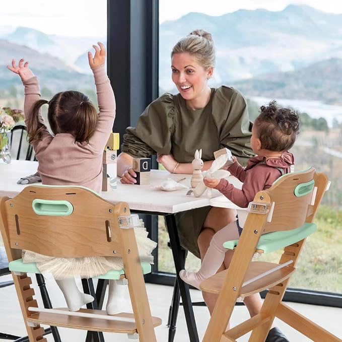 Cowiewie 3-in-1 Convertible Natural Wooden High Chair for Babies & Toddlers 3-Tier Remove & 2 Adjustable Wood Tray & 8 Levels Adjustable, 2 Waterproof Cozy Cushions Green