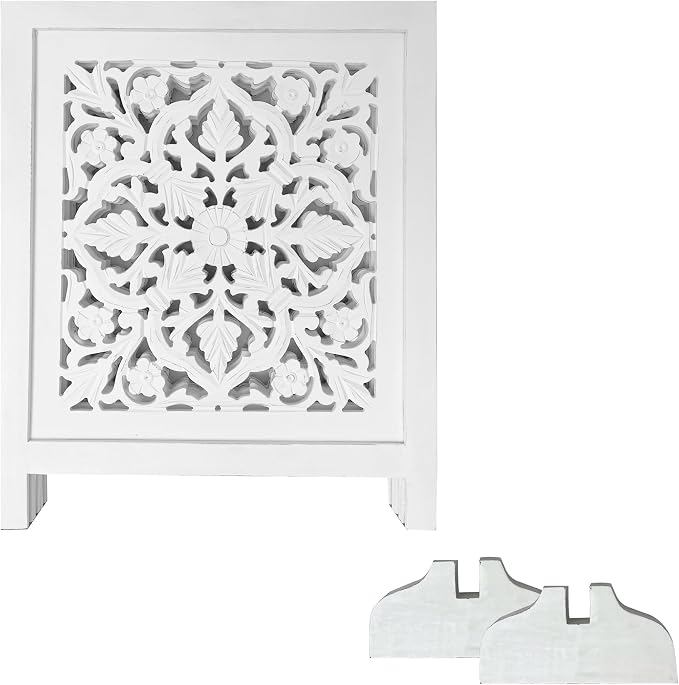 Free Standing Dog Gate for Doorway, Hallway, or Stairs – 60x24 Inch 3 Panel Folding Wooden Pet Gate, Decorative Lucy Design Dog Fence, White Antique Finish