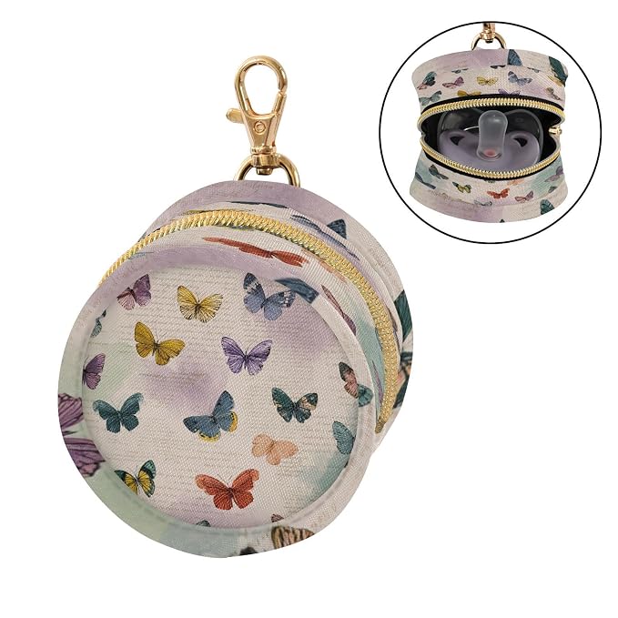 Pacifier Holder with Clip Pacifier Case for Diaper Bag Round Baby Pacifier Pouch Box Bag Portable Vintage Beige Butterflies