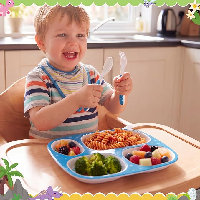 Jinei 4 Set Melamine Dinner Plate for Kids Dinnerware Dishes Set with Fork and Spoon Firefighter Dinosaur Construction Sea Animal Divided Melamine Plates for Boys Toddlers BPA Free Dishwasher Safe