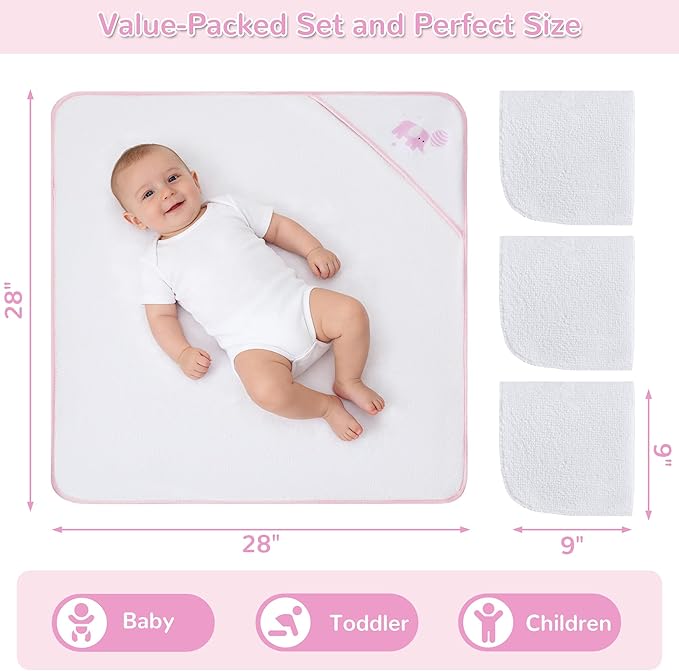 Viviland 6 Pcs Hooded Baby Towels and Washcloths Set, Super Gentle Bath Towels for Newborn Face & Body, Absorbent Wash Cloth for Infants Girls, Pink-Elephant Pattern, 28 x 28 inch