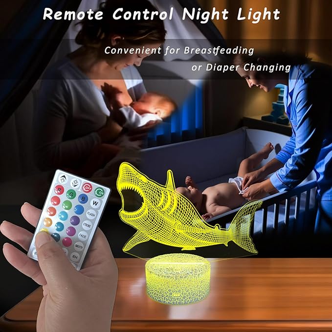 Shark Gifts for Shark Lover, 3D Nursery Night Light Lamp, Multi Color Change Timer Dimmalbe Remote Control, Bedroom Megalodon Theme Decor, Birthday Gift for Boy Girl Kids Teens Women Men