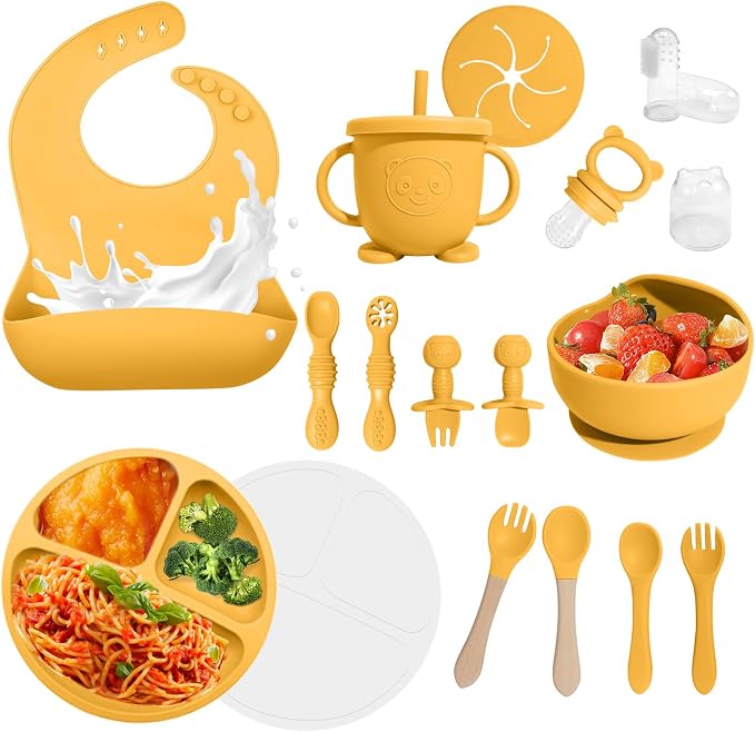 Baby Led Weaning Supplies, 17 Piece BPA-Free Silicone Feeding Set, Eating Essentials Baby Utensils with Suction Plate and Bowl, Pocket Bib, Sippy Cup with Lid, for 6+ Months, Yellow