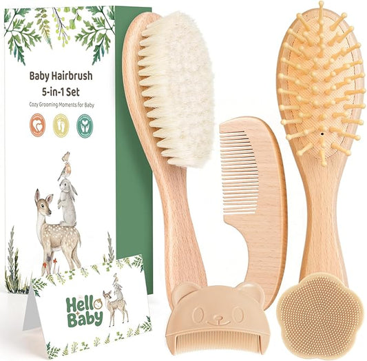 5 Piece Baby Hair Brush Set, Wooden Baby Brush and Comb Set with Natural Soft Goat Hair Bristles, Cradle Cap Brush, Baby Essentials Grooming Kit for Boy Girl