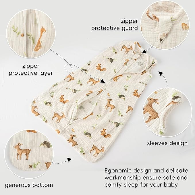 david's kids Muslin Cotton Baby Sleep Sack 6-12 Months, 2 Pack 100% Cotton Sleeping Bag for Summer, TOG 0.5 Baby Wearable Blankets with 2-Way Zipper, Soft Sleep Sacks for Newborn Infant, Animal