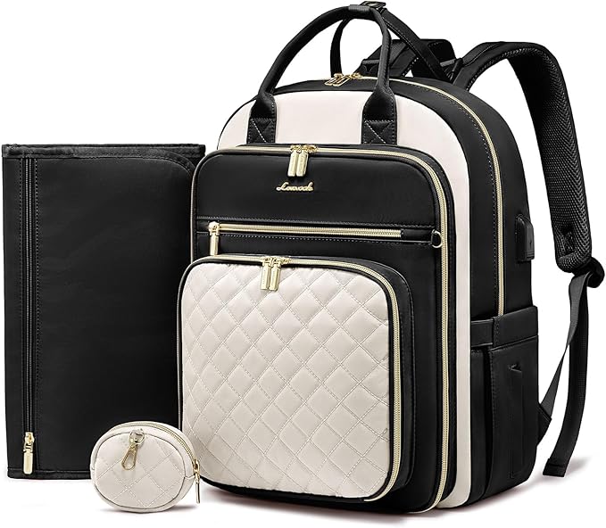 LOVEVOOK Baby Diaper Bag,Waterproof Diaper Backpack with USB Charging Port for Baby, Large Capacity Fit for 15.6 inch Laptop, Black White