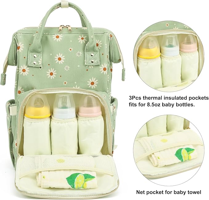 Corduroy Diaper Bag Backpack for Baby Girls Boys, Women Large Nappy Bags for Mom (Green Corduroy Daisy)