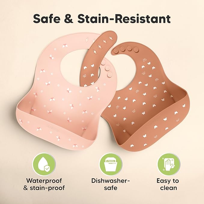 KeaBabies 2-Pack Silicone Bibs for Babies, Toddlers Girl, Boy ??Sturdy Food-Grade Baby Bibs for Eating, Large Food Catcher, Clean & Put On Easily, Waterproof Toddler Feeding Essentials (Butterflies)