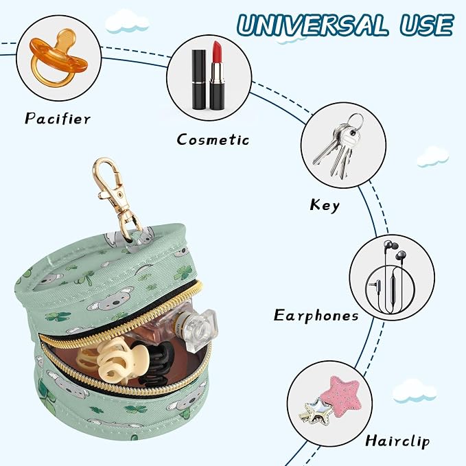 Pacifier Holder with Clip Pacifier Case for Diaper Bag Round Baby Pacifier Pouch Box Bag Portable Koala and Clover Green