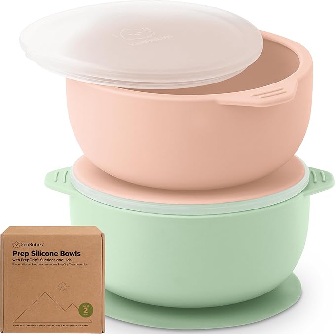 KeaBabies 2-Pack Baby Bowls with Suctions, Lids - Silicone Toddler Suction Bowls for Baby Boy, Girl, Kids, Food Grade Silicone, BPA-Free, Dishwasher Safe, Toddler Eating Essentials (Mellow)