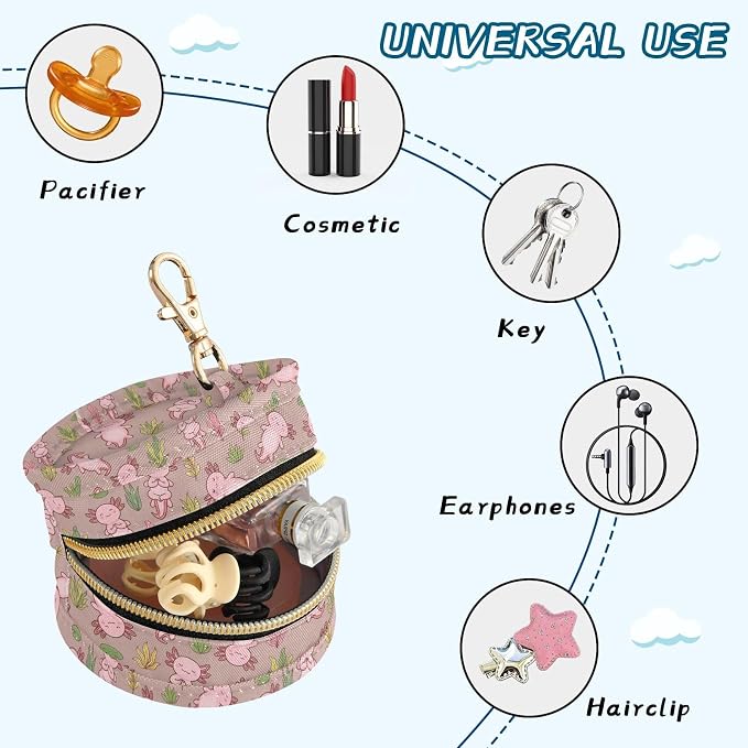 Cute Axolotl Seaweed Purple Print Pacifier Holder Case for Diaper Bag Portable Travel Pacifier Storage Case with Clip Newborn Baby Pouch for Baby Boys Girls Outdoor Purse